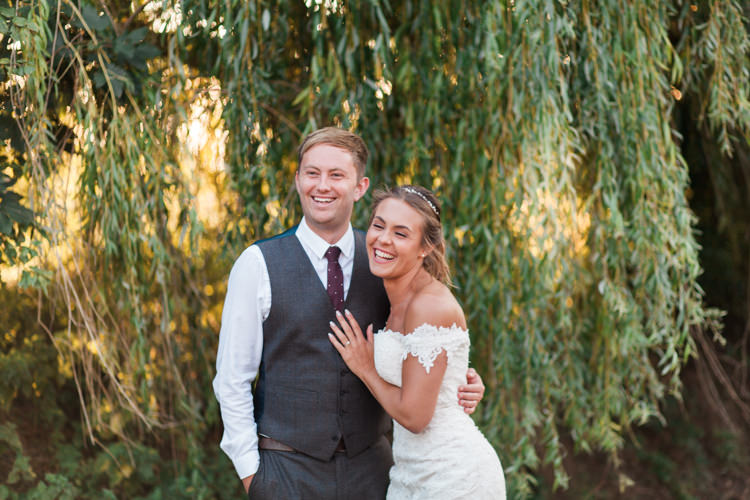 Bride Bridal Bardot Dress Gown Grey Suit Groom Tweed Waistcoat Three Piece Darling Hand Made Tipi Garden Wedding https://www.gemmagiorgio.com/
