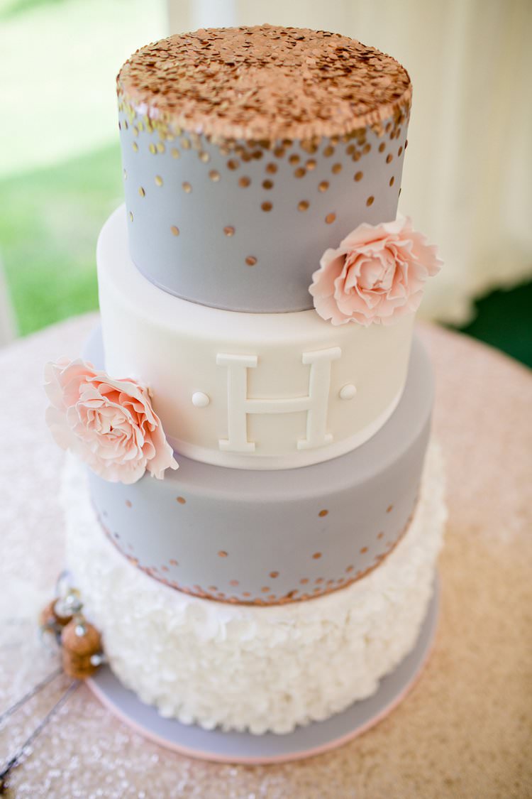 Rose Gold Sequin Cake Grey Ruffle Flowers Pretty Floral Pastels Summer Wedding https://www.binkynixon.com/