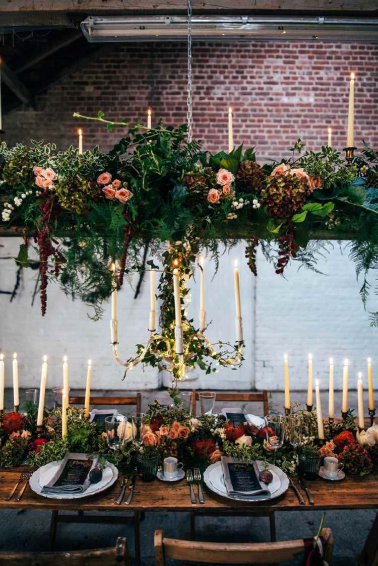 Hanging Flowers Rustic Tablescape Decor Candles Celestial Feast Party Wedding Ideas http://www.threeflowersphotography.co.uk/