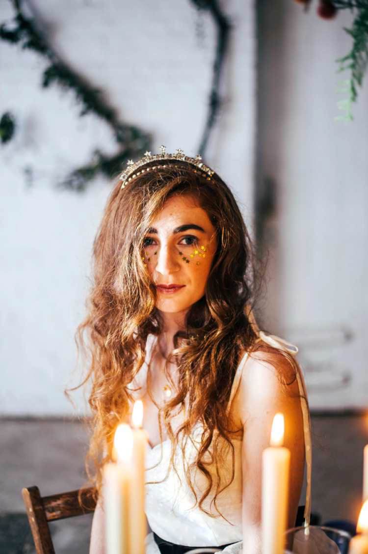 Bride Bridal Make Up Beauty Glitter Stars Celestial Feast Party Wedding Ideas http://www.threeflowersphotography.co.uk/