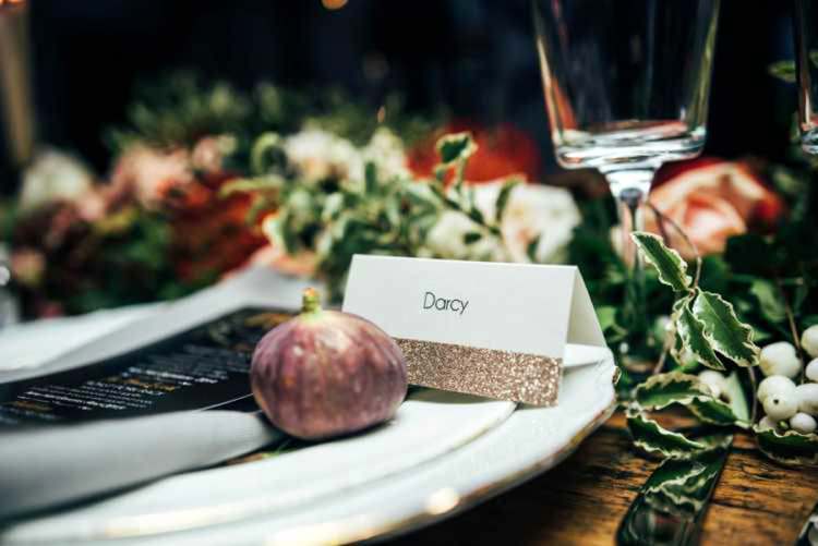Glitter Place Name Cards Celestial Feast Party Wedding Ideas http://www.threeflowersphotography.co.uk/