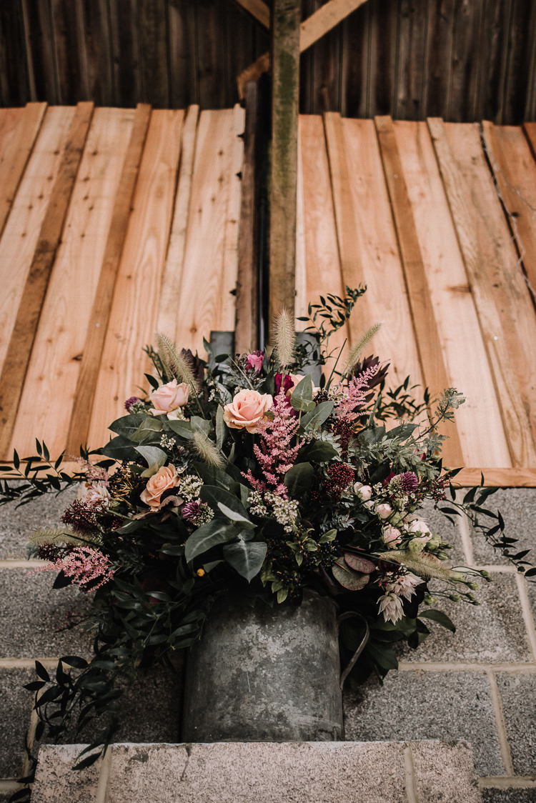 Flowers Bucket Pink Red Purple Luxe Rustic Autumn Berry Wedding http://www.oobaloosphotography.co.uk/