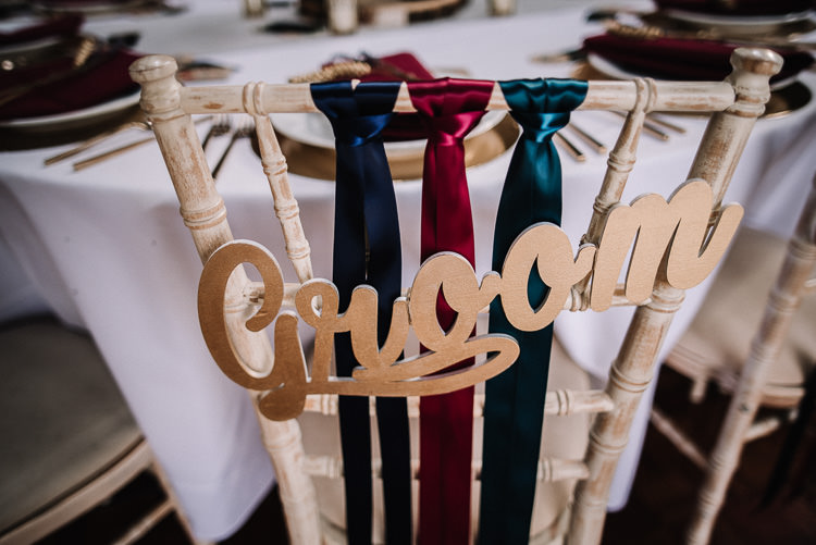 Chair Decor Ribbon Groom Bride Sign Luxe Rustic Autumn Berry Wedding http://www.oobaloosphotography.co.uk/