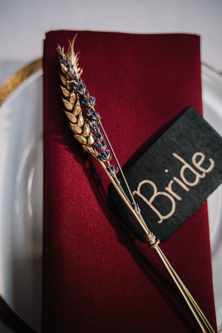 Wheat Lavender Place Name Setting Decor Luxe Rustic Autumn Berry Wedding http://www.oobaloosphotography.co.uk/