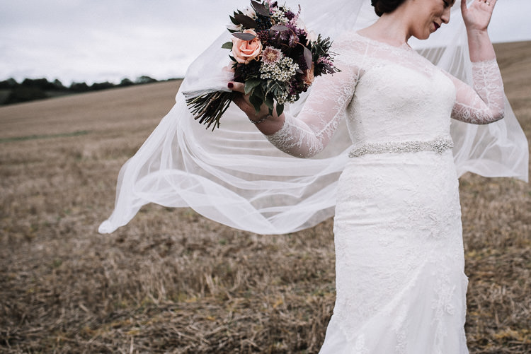 Lace Dress Sleeves Bride Bridal Flowers Veil Luxe Rustic Autumn Berry Wedding http://www.oobaloosphotography.co.uk/