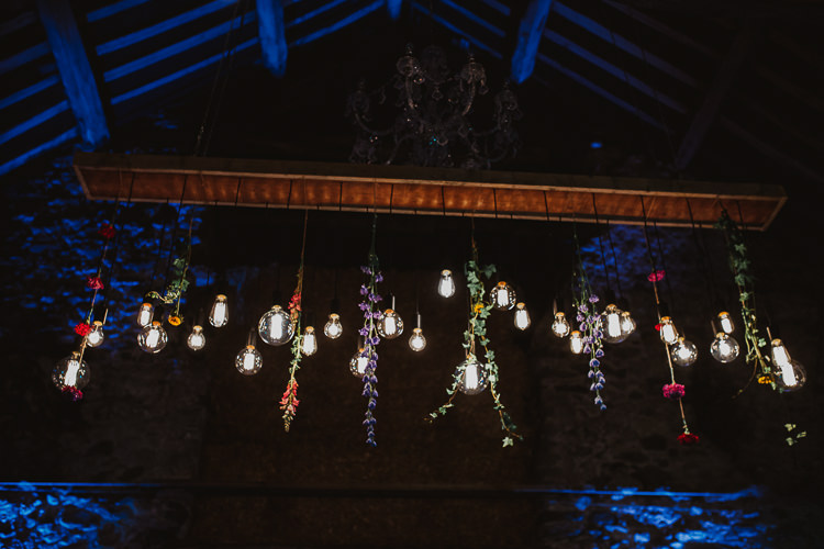 Hanging Flowers Edison Light Installation Colourful DIY Floral Luxe Barn Wedding http://www.joemather-photography.co.uk/