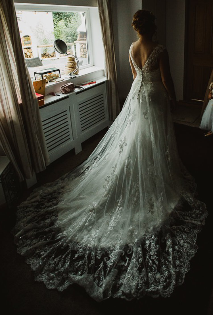 Lace Tulle Gown Ronald Joyce Bride Bridal Train Colourful DIY Floral Luxe Barn Wedding http://www.joemather-photography.co.uk/
