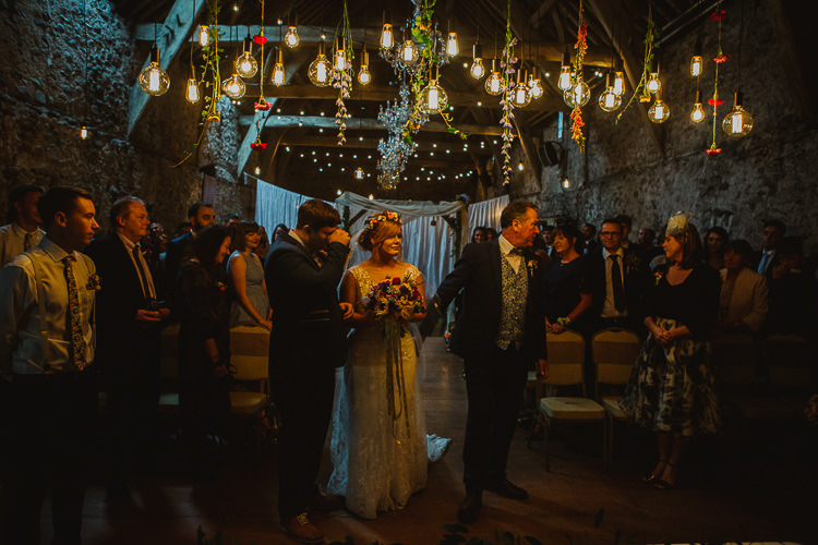 Edison Light Installation Hanging Flowers Ceremony Colourful DIY Floral Luxe Barn Wedding http://www.joemather-photography.co.uk/