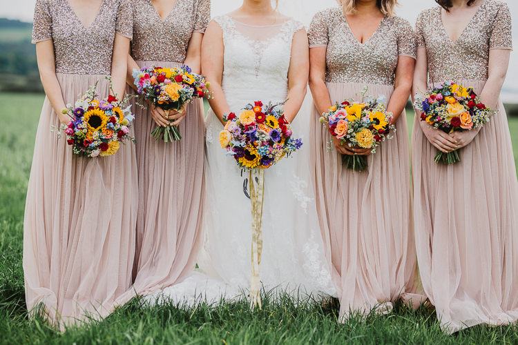 Blush Nude Sequin Bridesmaid Dresses Long Maxi Bouquets Colourful DIY Floral Luxe Barn Wedding http://www.joemather-photography.co.uk/