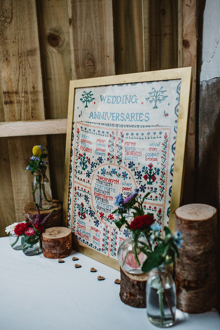 Embriodery Sign Cross Stitch Colourful DIY Floral Luxe Barn Wedding http://www.joemather-photography.co.uk/