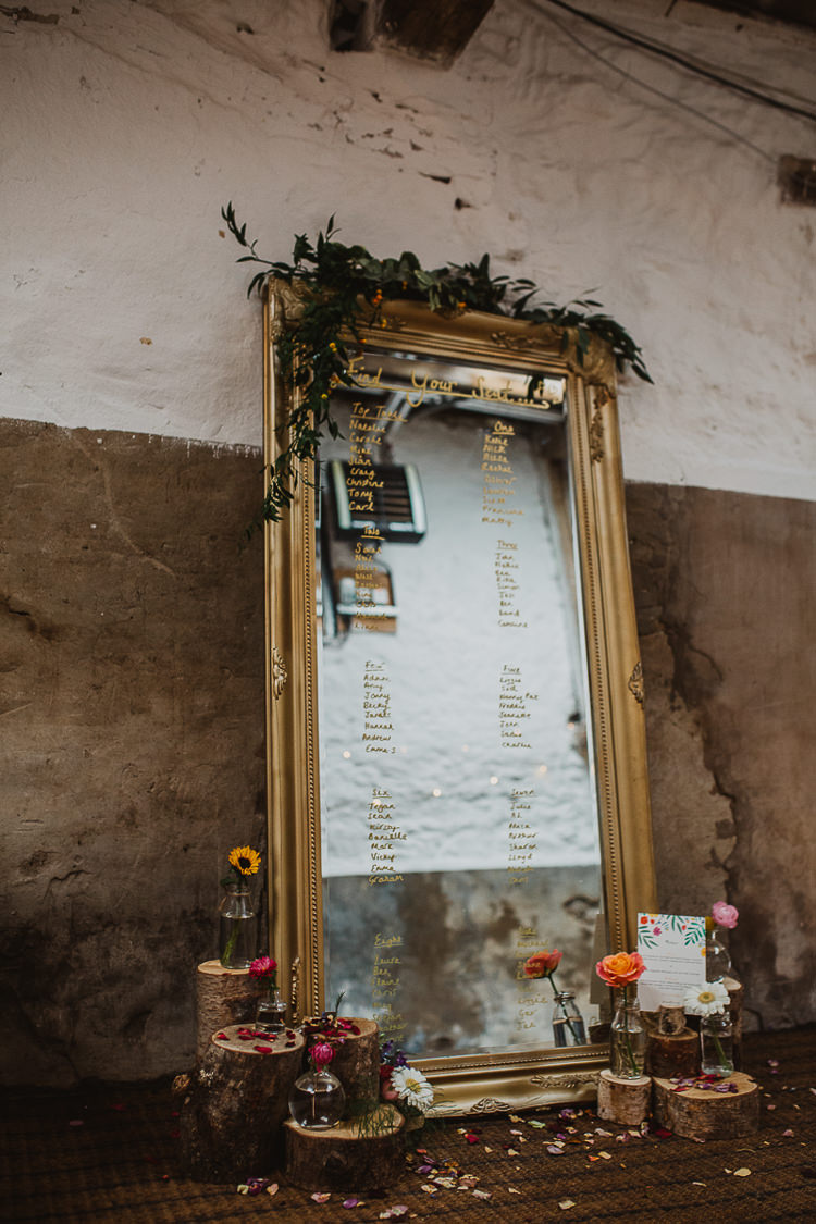 Gold Mirror Seating Plan Table Chart Colourful DIY Floral Luxe Barn Wedding http://www.joemather-photography.co.uk/