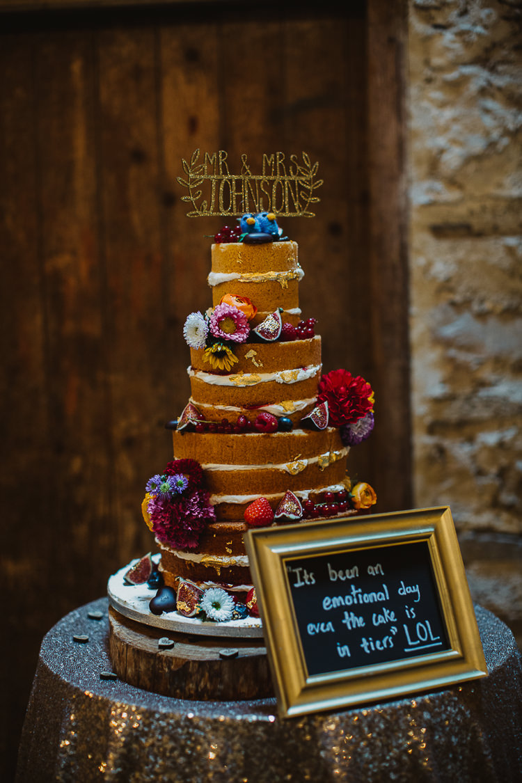 Naked Cake Sponge Victoria Flowers Colourful DIY Floral Luxe Barn Wedding http://www.joemather-photography.co.uk/