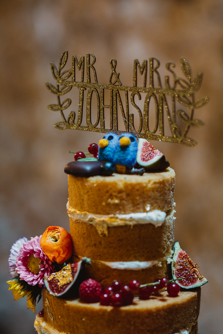 Glitter Personalised Gold Cake Topper Colourful DIY Floral Luxe Barn Wedding http://www.joemather-photography.co.uk/