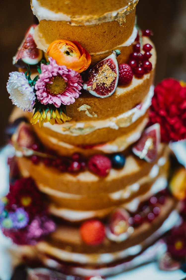 Naked Cake Sponge Fruit Flowers Colourful DIY Floral Luxe Barn Wedding http://www.joemather-photography.co.uk/