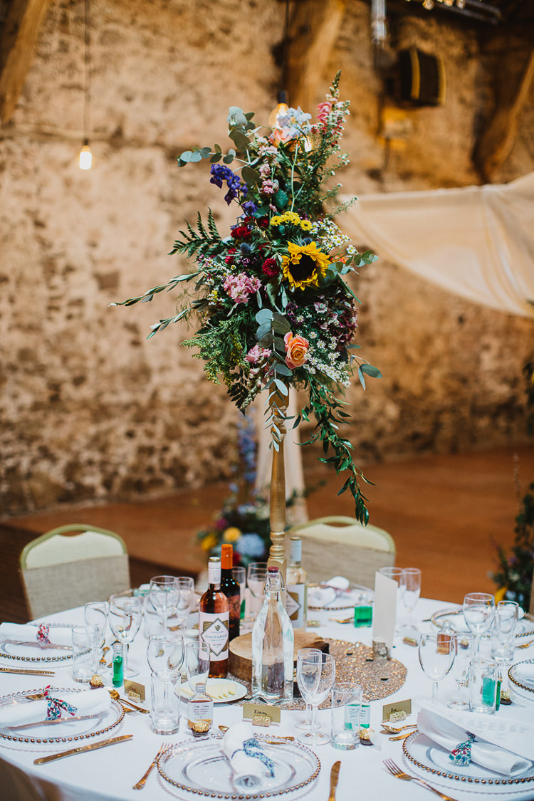 Tall Flowers Centrepiece Table Decor Colourful DIY Floral Luxe Barn Wedding http://www.joemather-photography.co.uk/