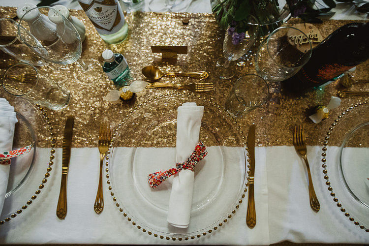 Gold Sequin Table Cloth Colourful DIY Floral Luxe Barn Wedding http://www.joemather-photography.co.uk/