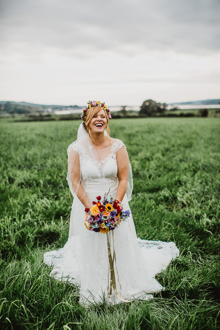 Lace Tulle Gown Ronald Joyce Bride Bridal Colourful DIY Floral Luxe Barn Wedding http://www.joemather-photography.co.uk/