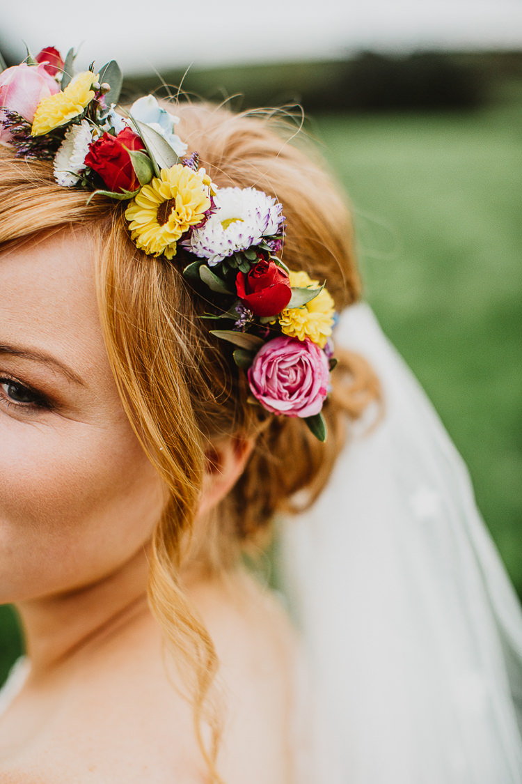 Flower Crown Bride Bridal Headdress Colourful DIY Floral Luxe Barn Wedding http://www.joemather-photography.co.uk/