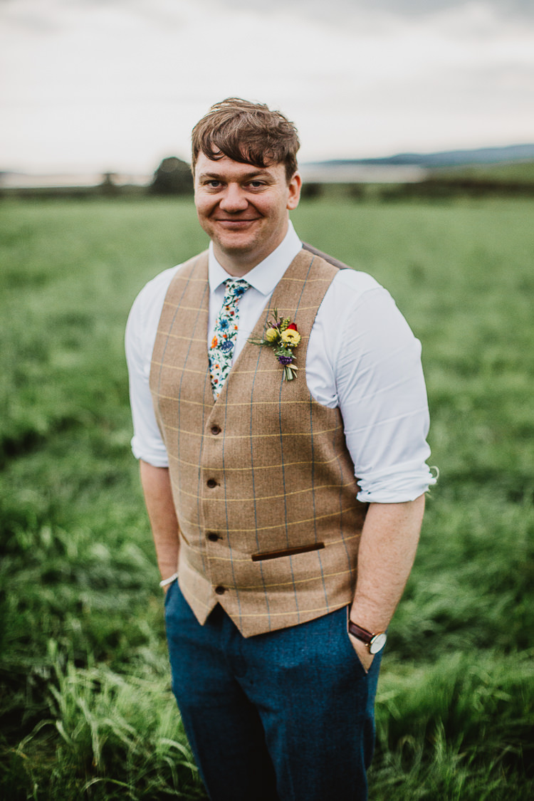 Groom Check Tweed Waistcoat Floral Tie Blue Trousers Colourful DIY Floral Luxe Barn Wedding http://www.joemather-photography.co.uk/