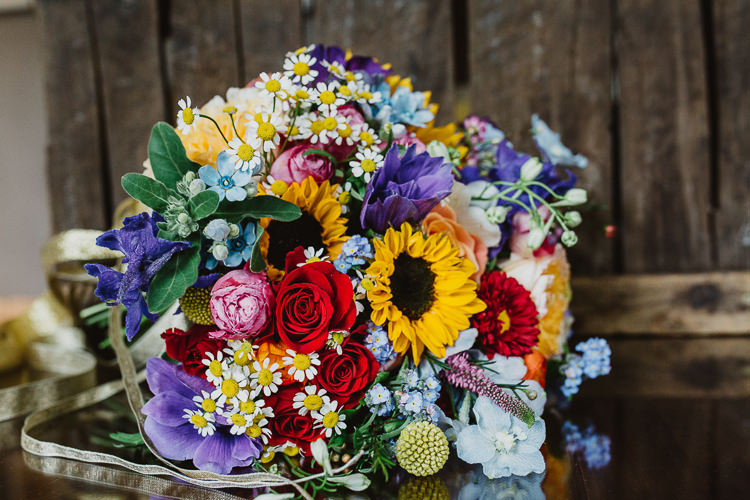 Bouquet Flowers Rose Daisy Sunflowers Bride Bridal Colourful DIY Floral Luxe Barn Wedding http://www.joemather-photography.co.uk/