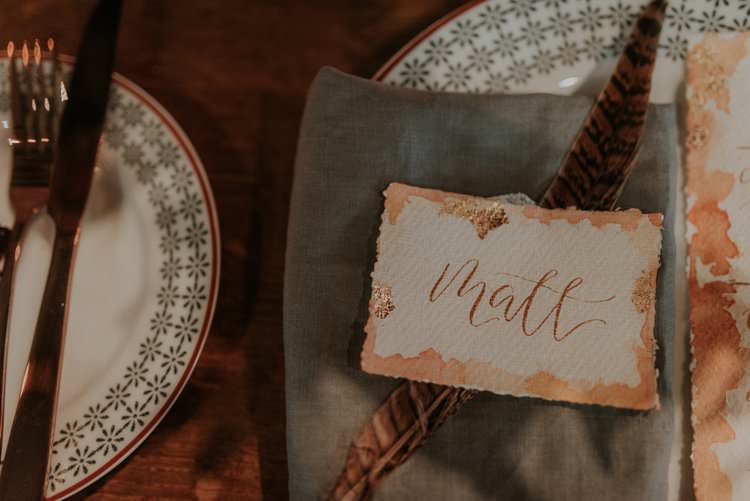 Calligraphy Stationery Paper Place Name Feather Autumn Hygge Wedding Ideas http://meganelle.co.uk/