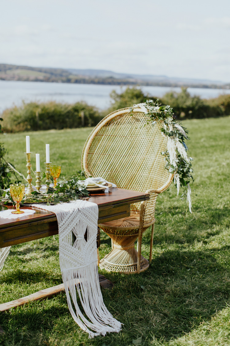 Peacock Chairs Macrame Pampas Grass Greenery Tablescape Decor Bohemian Luxe Coastal Wedding Ideas https://www.tarastattonphotography.com/