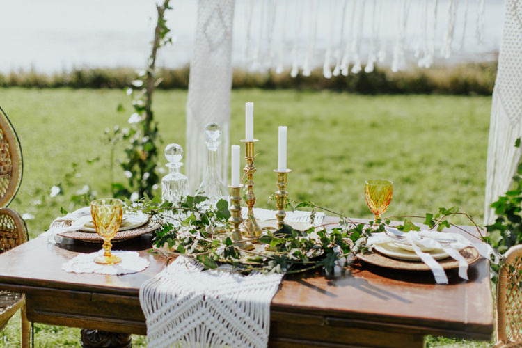 Macrame Backdrop Pampas Grass Greenery Tablescape Decor Bohemian Luxe Coastal Wedding Ideas https://www.tarastattonphotography.com/