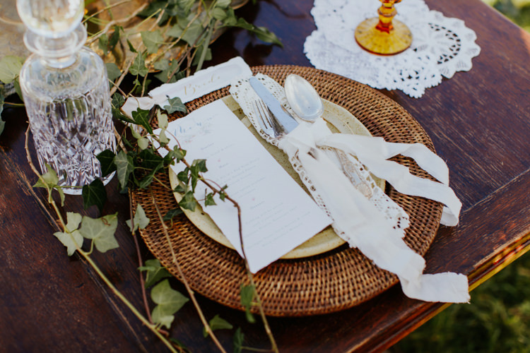 Wicker Place Mat Setting Lace Bohemian Luxe Coastal Wedding Ideas https://www.tarastattonphotography.com/