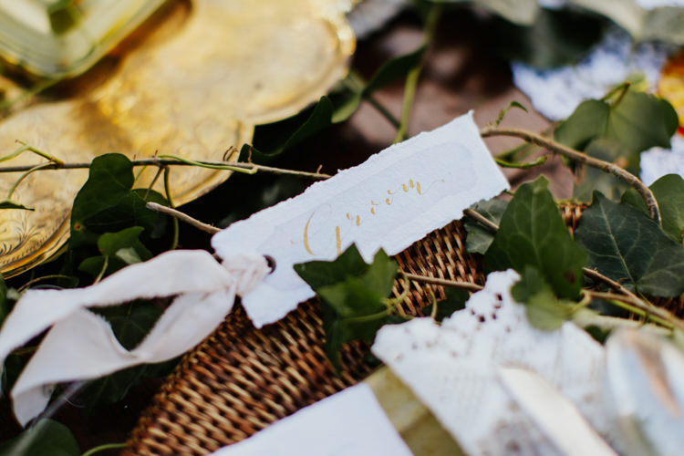 Gold Calligraphy Place Name Card Bohemian Luxe Coastal Wedding Ideas https://www.tarastattonphotography.com/