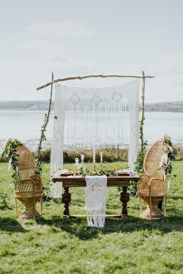 Peacock Chairs Macrame Backdrop Pampas Grass Greenery Tablescape Decor Bohemian Luxe Coastal Wedding Ideas https://www.tarastattonphotography.com/