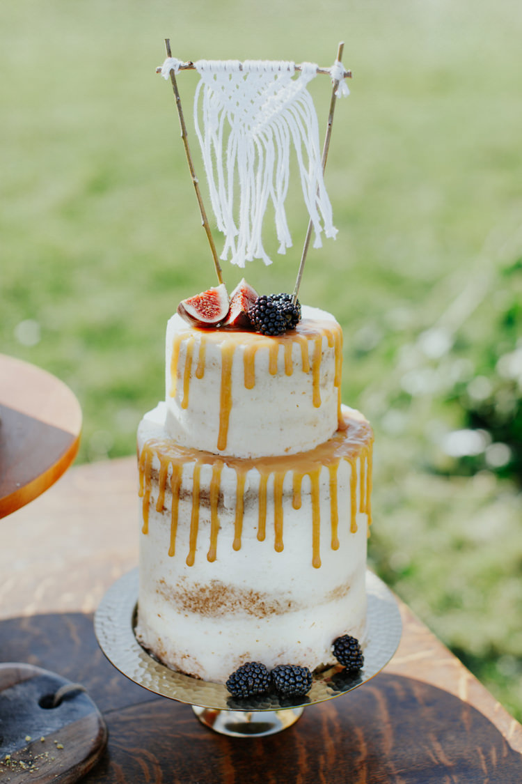 Semi Naked Buttercream Cake Tier Drip Macrame Topper Bohemian Luxe Coastal Wedding Ideas https://www.tarastattonphotography.com/