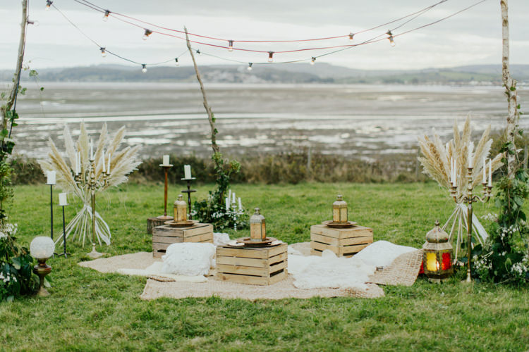 Decor Festoon Lights Crates Pampas Grass Bohemian Luxe Coastal Wedding Ideas https://www.tarastattonphotography.com/