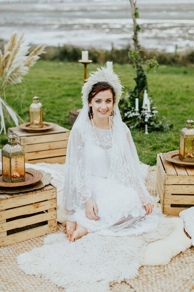Vintage Lace Dress Gown Sleeves Bride Bridal Bare Foot Free Spritied Cape Veil Bohemian Luxe Coastal Wedding Ideas https://www.tarastattonphotography.com/