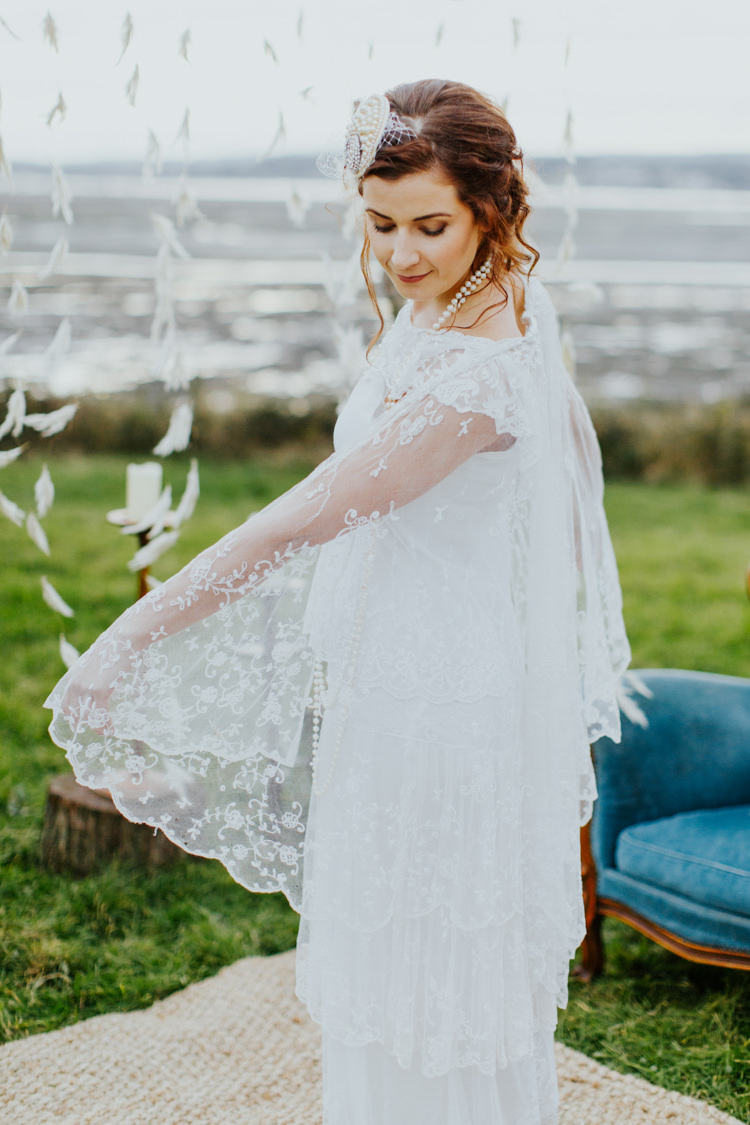 Vintage Lace Dress Gown Sleeves Bride Bridal Bare Foot Free Spritied Cape Bohemian Luxe Coastal Wedding Ideas https://www.tarastattonphotography.com/