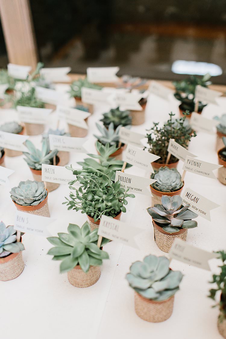 Succulent Escort Cards Dinner Names Dietary Requirements Green Brown Rustic | Romantic Castle Switzerland Wedding http://kbalzerphotography.com/