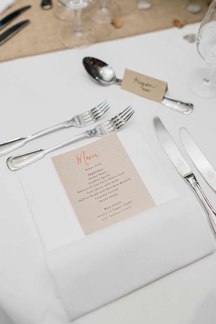 Destination Wooden White Brown Tablescapes Rustic Simple Menu | Romantic Castle Switzerland Wedding http://kbalzerphotography.com/