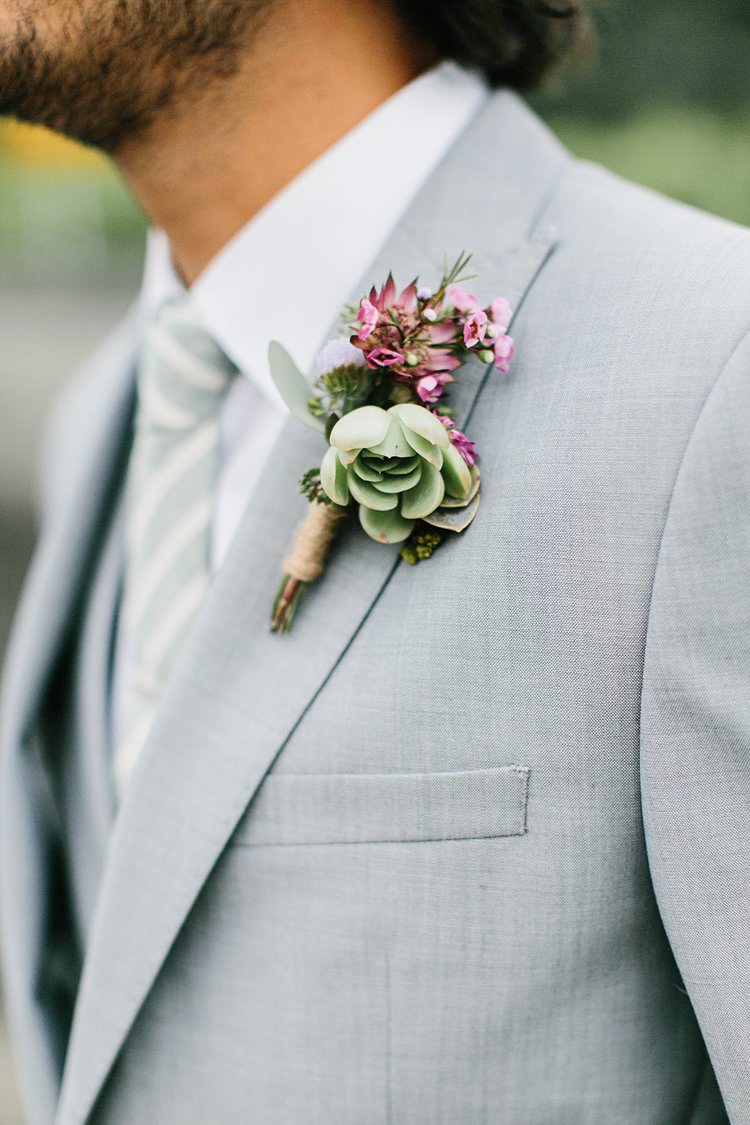 Beautiful Destination Summer Grey Suit Groom Buttonhole Boutonniere Succulent Pink | Romantic Castle Switzerland Wedding http://kbalzerphotography.com/