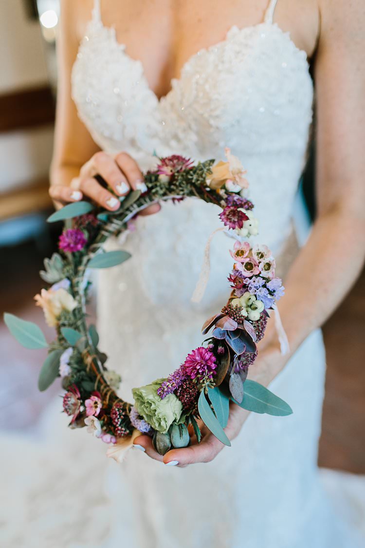 Purple Pink Lilac Peach Floral Crown Sweetheart Dress Bride Sparkle Lace White Nail Art | Romantic Castle Switzerland Wedding http://kbalzerphotography.com/