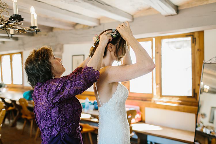 Bridal Prep Lace Spaghetti Strap Sweetheart Bride Mother Flower Crown | Romantic Castle Switzerland Wedding http://kbalzerphotography.com/
