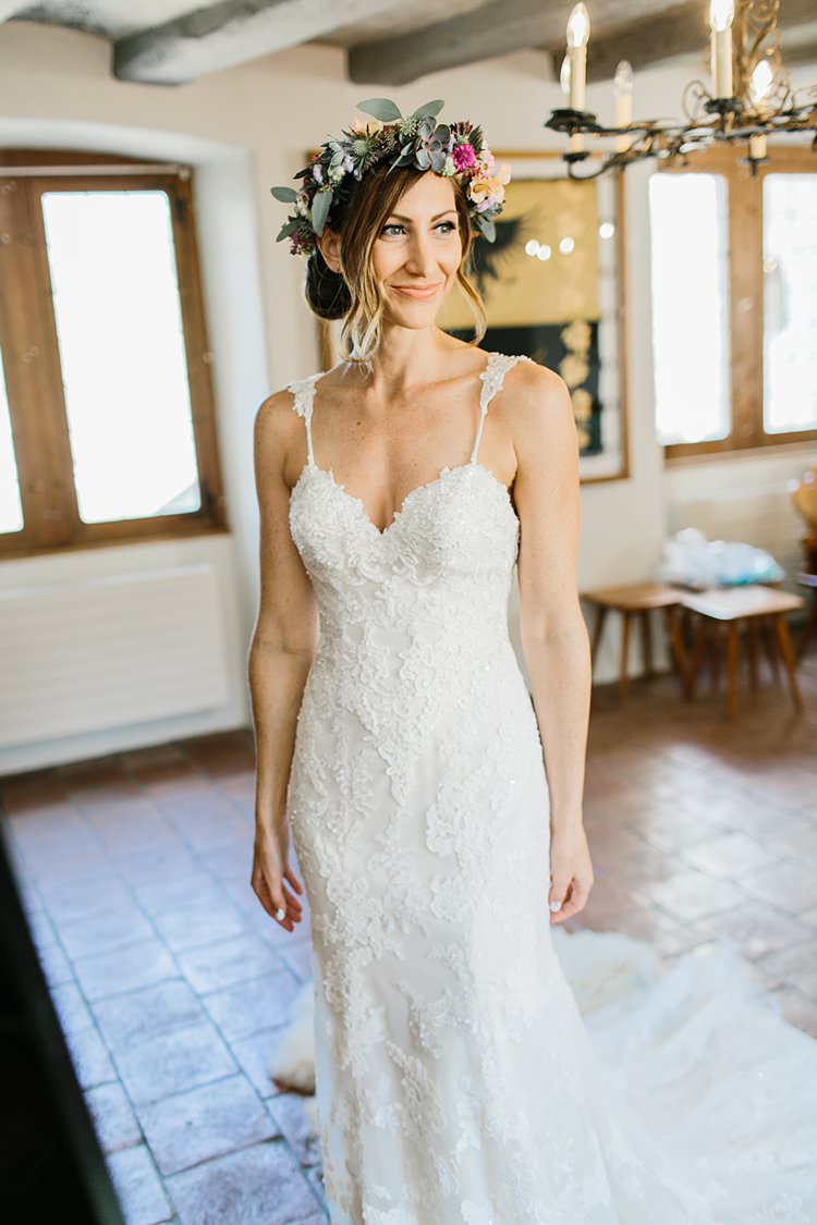 Purple Pink Lilac Peach Floral Flower Crown Sweetheart Dress Bride Sparkle Lace | Romantic Castle Switzerland Wedding http://kbalzerphotography.com/