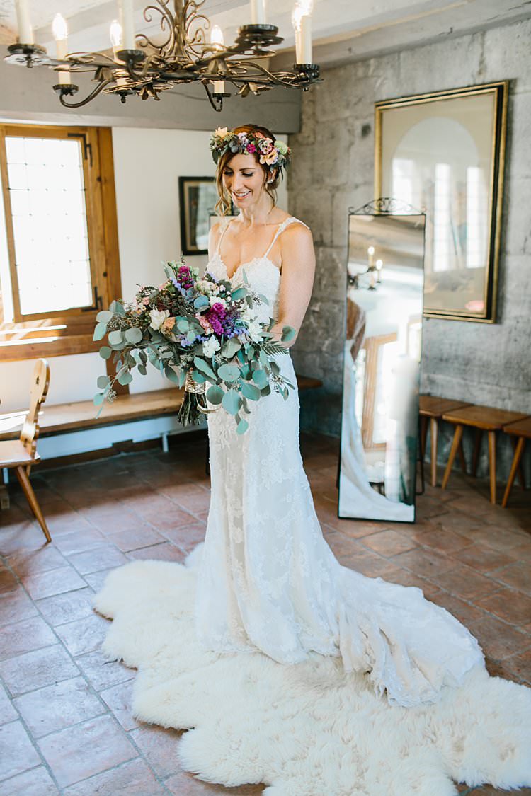 Purple Pink Lilac Peach Floral Crown Natural Wild Bouquet Sweetheart Dress Bride Lace | Romantic Castle Switzerland Wedding http://kbalzerphotography.com/