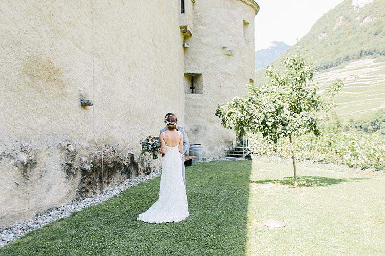 Destination Summer Sunny First Look Happy Groom Bride Vineyard Kiss | Romantic Castle Switzerland Wedding http://kbalzerphotography.com/