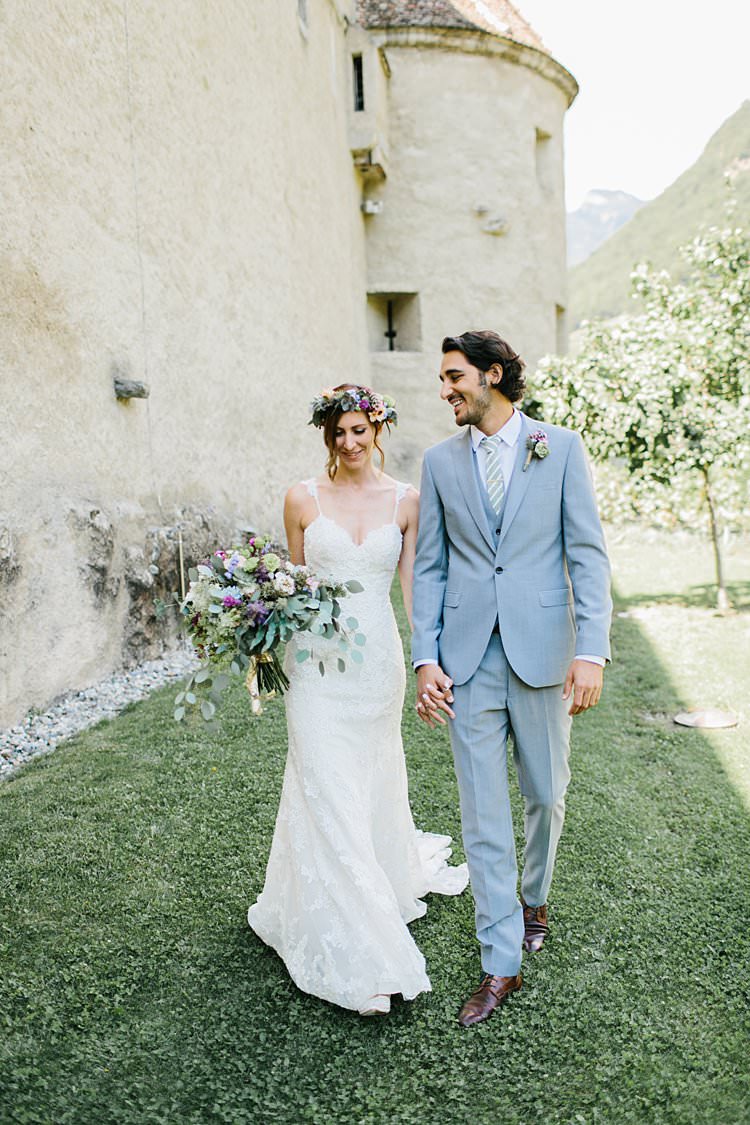 Destination Summer Sunny First Look Happy Groom Bride Bouquet Vineyard | Romantic Castle Switzerland Wedding http://kbalzerphotography.com/