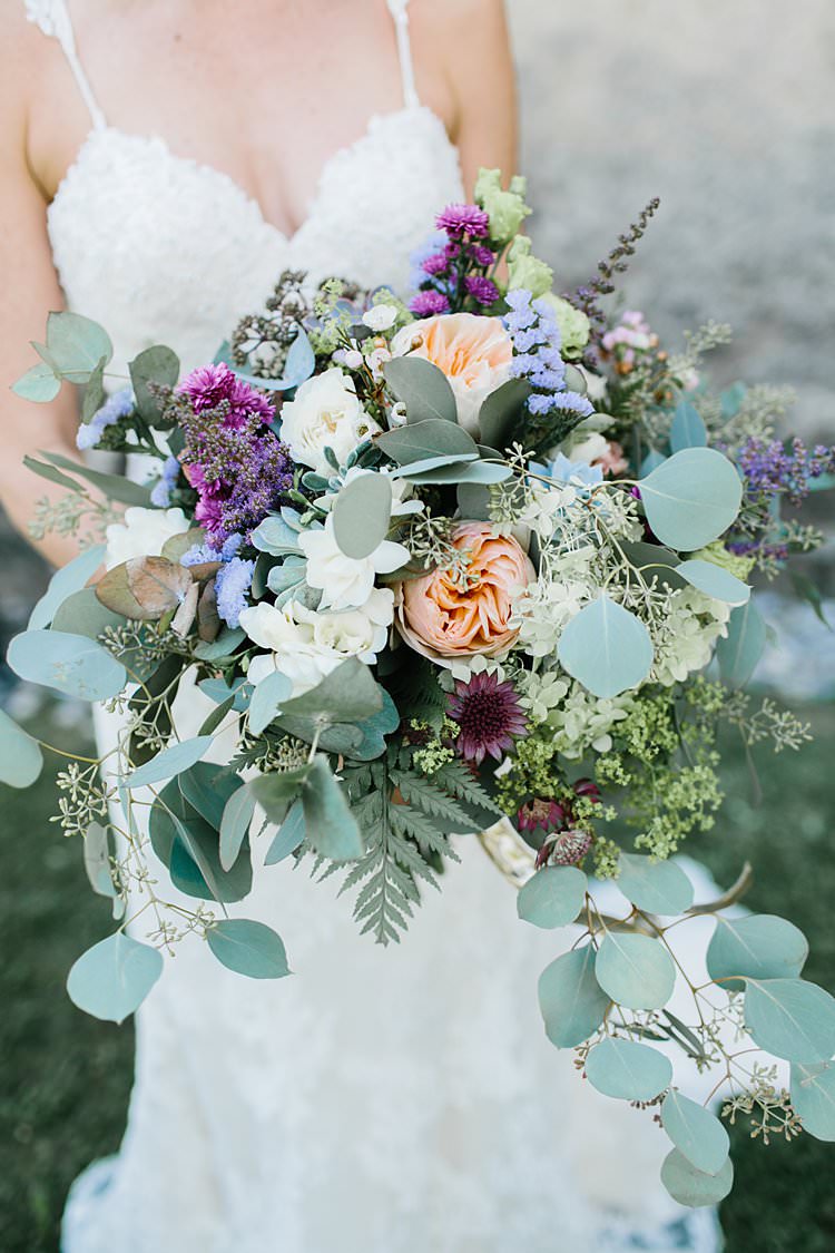 Wild Natural Bouquet Green Lilac Purple Peach Berry Sweetheart Dress Bride | Romantic Castle Switzerland Wedding http://kbalzerphotography.com/