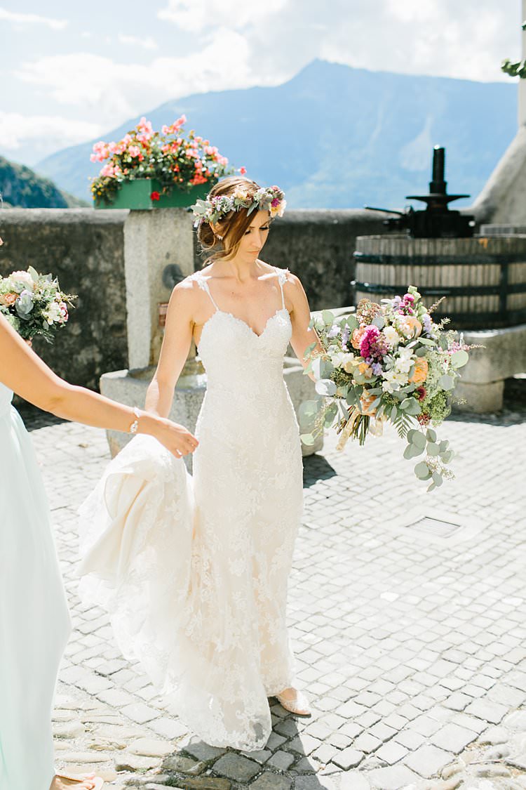 Destination Summer Mountains Bride Sweetheart Dress Natural Wild Bouquet Flower Crown | Romantic Castle Switzerland Wedding http://kbalzerphotography.com/