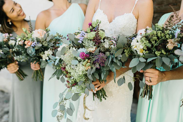 Wild Natural Bouquet Lilac Purple Peach Sweetheart Dress Bride Green Bridesmaids | Romantic Castle Switzerland Wedding http://kbalzerphotography.com/