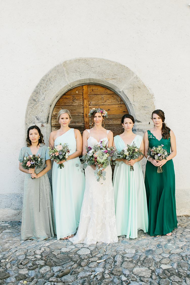 Wild Natural Bouquet Lilac Purple Peach Sweetheart Dress Bride Updo Green Bridesmaids | Romantic Castle Switzerland Wedding http://kbalzerphotography.com/
