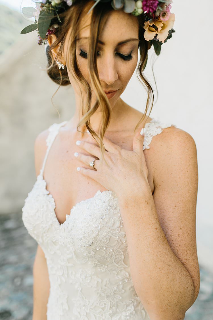 Beautiful Bride Updo Natural Flower Crown Fine Art Sweetheart Lace Beads Dress Strap | Romantic Castle Switzerland Wedding http://kbalzerphotography.com/