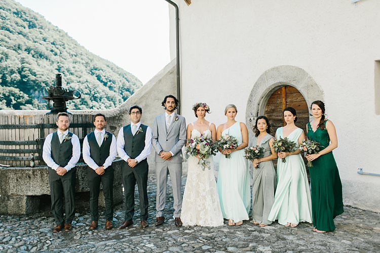 Destination Summer Mountains Bride Bridesmaids Groomsmen Groom Grey Green | Romantic Castle Switzerland Wedding http://kbalzerphotography.com/