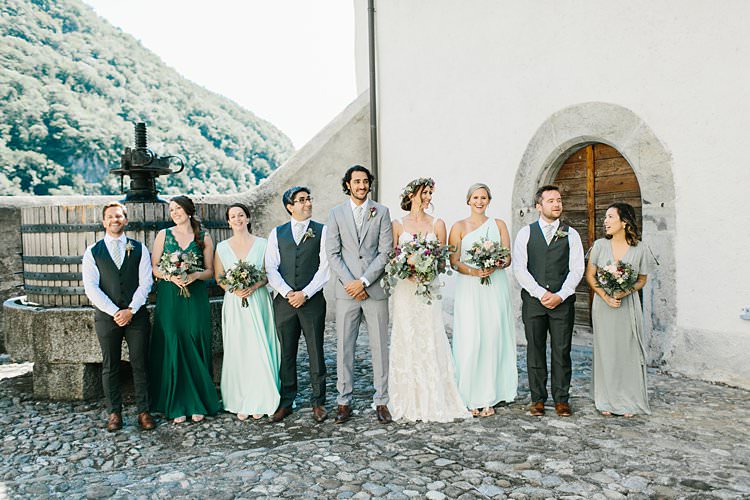 Destination Summer Mountains Bride Bridesmaids Groomsmen Groom Grey Green | Romantic Castle Switzerland Wedding http://kbalzerphotography.com/